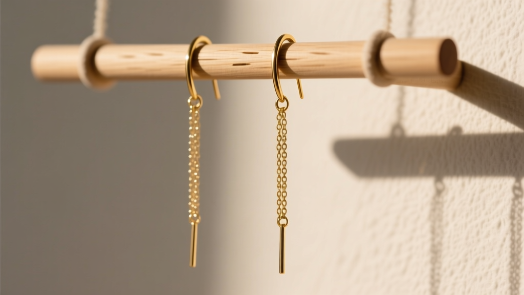 Brass dangle earrings hanging from a slotted wood dowel on a DIY display, showing straight posts and untangled chains in soft light
