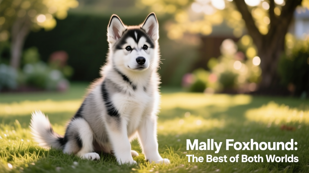 A playful Mally Foxhound puppy sitting on grass, showing its mixed heritage with fluffy Malamute-like fur and lean Foxhound build