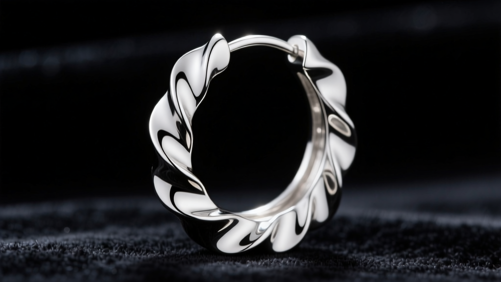 Macro photo of sterling silver scalloped-edge hoop earring showing intricate wavy metalwork details and high polish on dark velvet.