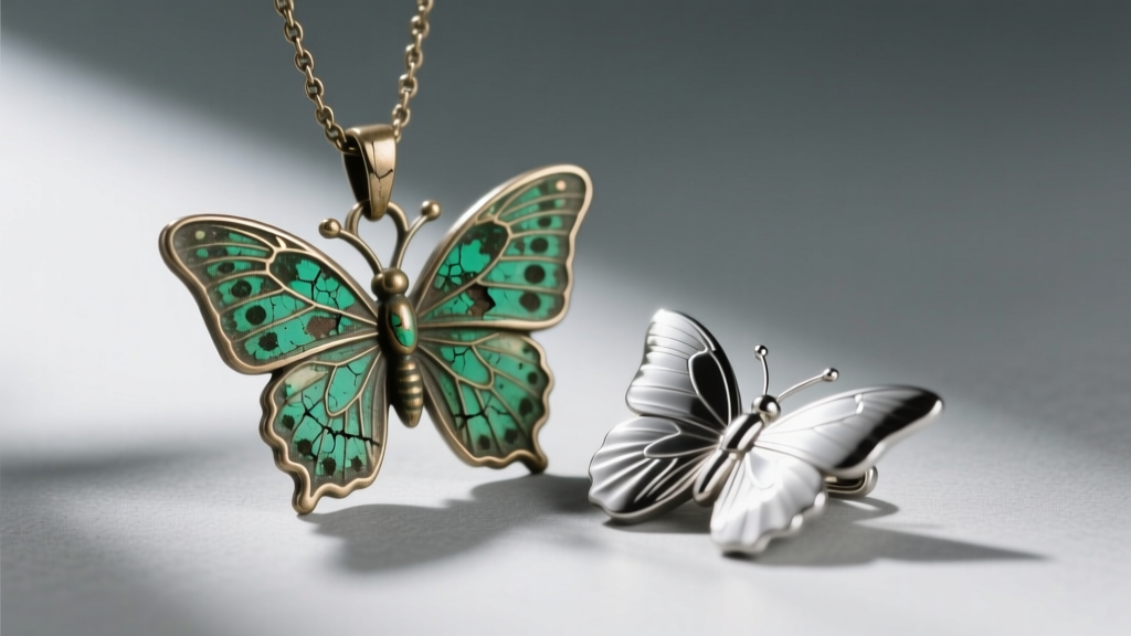 Macro shot of vintage 2000s zinc alloy butterfly pendant showing green oxidation next to modern PVD-coated replica