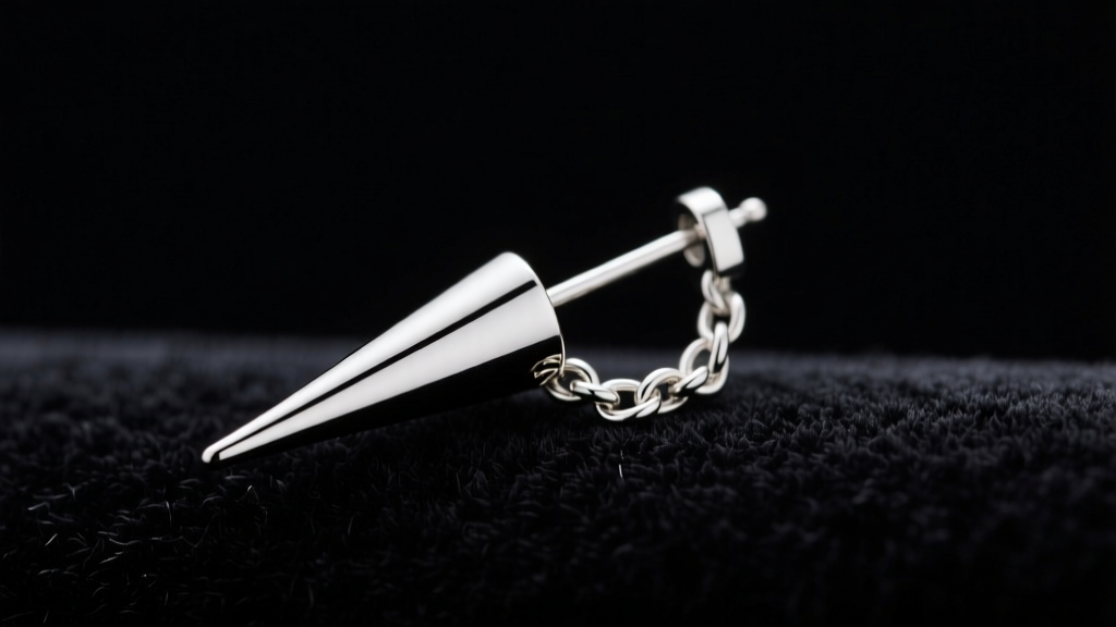Macro shot of a titanium pull through earring post tapering into a chain, resting on dark velvet under soft studio lighting.