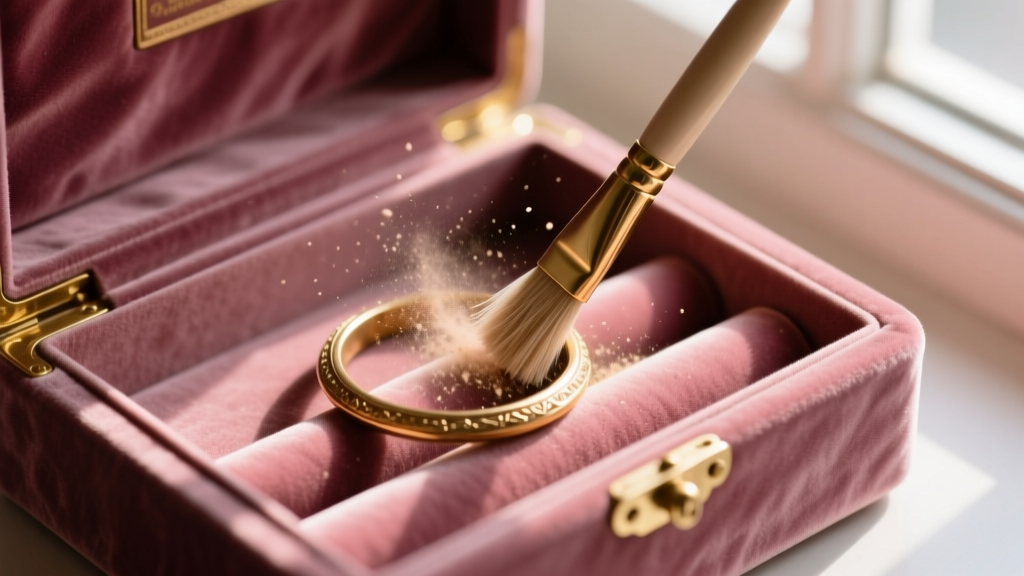 Top view of a dusty rose velvet vintage style jewelry box interior, showing a soft brush lifting dust from the fabric ring rolls.