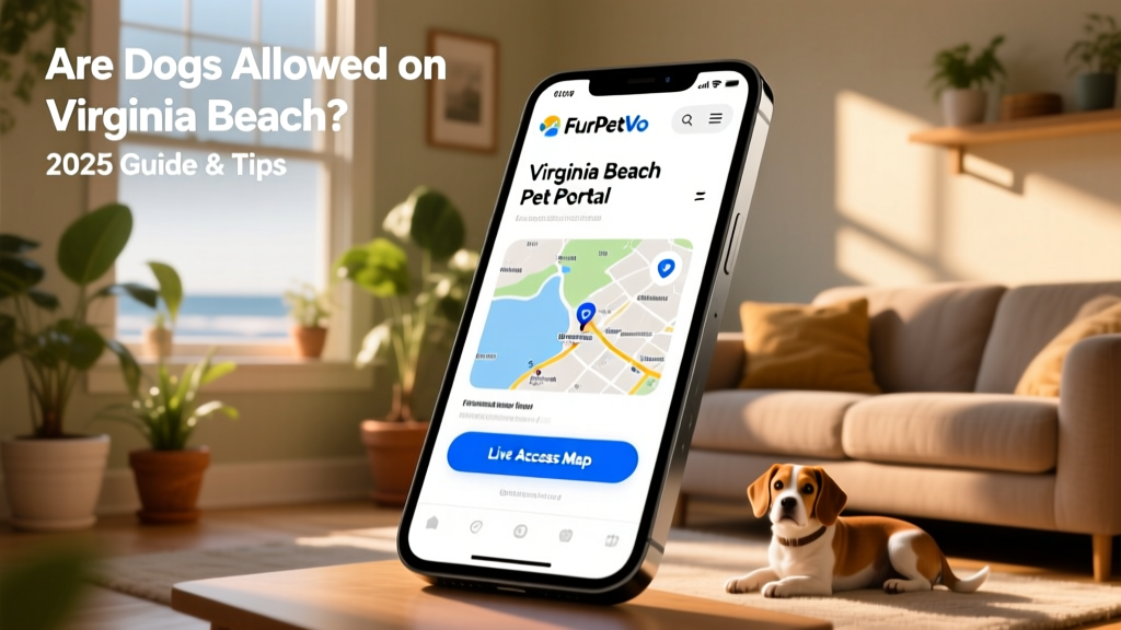 Screenshot-style graphic showing the FurPetVo Virginia Beach Pet Portal homepage on a smartphone, highlighting the 'Live Access Map' button