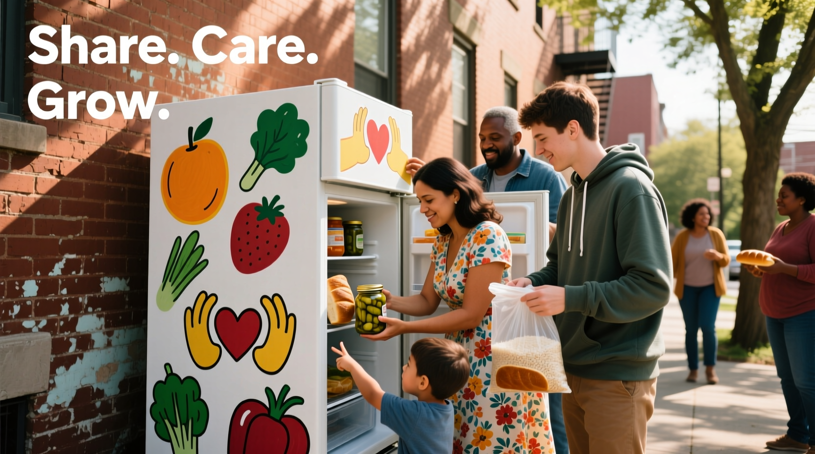 Community members sharing food at a neighborhood fridge