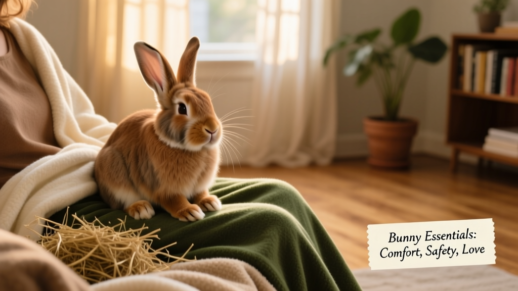 A calm brown lop-eared rabbit sitting contentedly on a person’s lap indoors, surrounded by soft blankets and a small hay pile