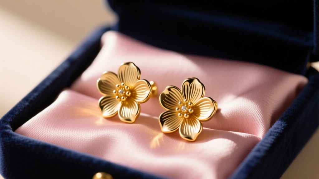 Close-up of gold-plated floral stud earrings in a velvet box on blush silk, soft morning light highlighting the metallic petals.