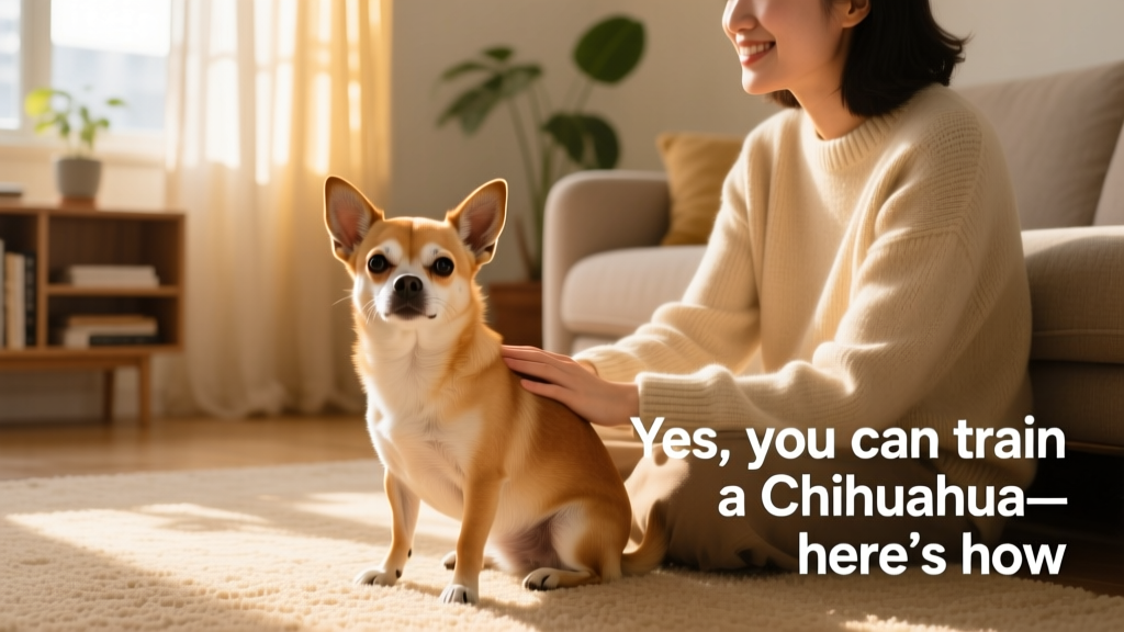 A confident, relaxed Chihuahua sitting calmly beside their person on a sunlit living room floor