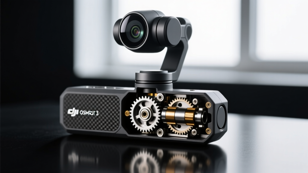 DJI Osmo Pocket 3 gimbal mechanism closely inspected with a jeweler's loupe revealing fine dust particles trapped in the yaw axis joint
