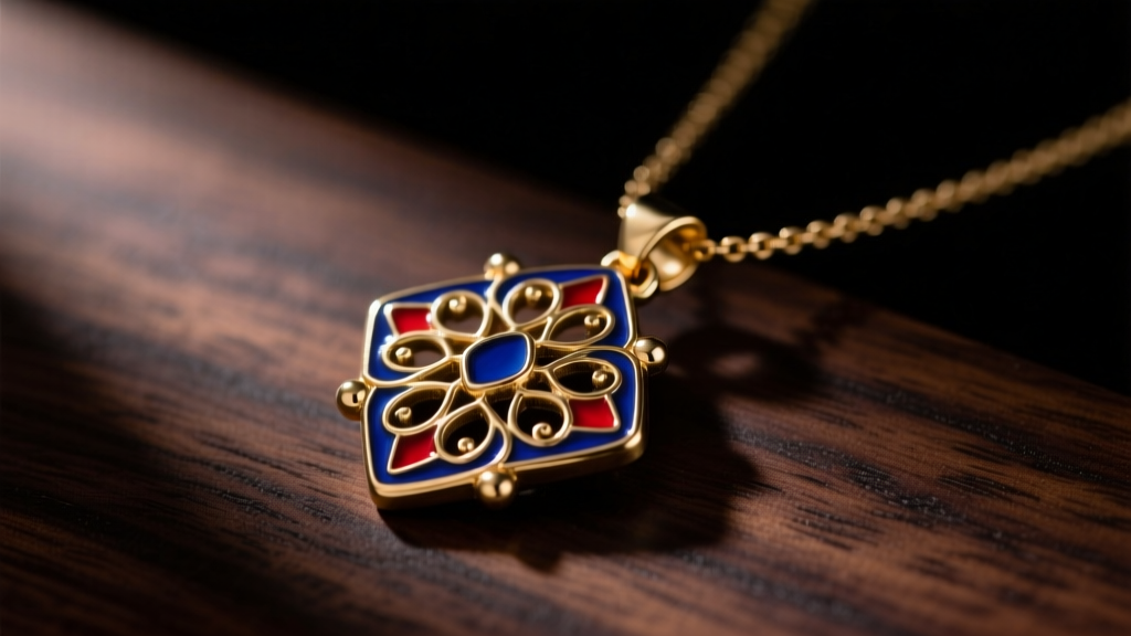 Close-up of a detailed brass and enamel Terraria Pygmy necklace pendant resting on a dark wooden surface with soft, moody lighting.