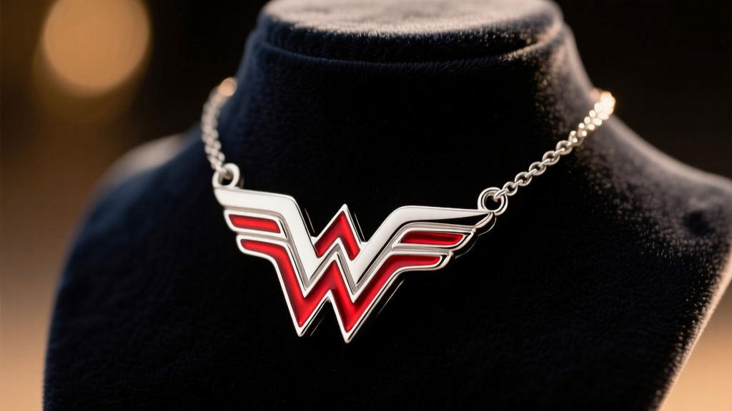 Sterling silver Wonder Woman W pendant on a dark velvet bust, warm studio lighting highlighting polished red enamel.