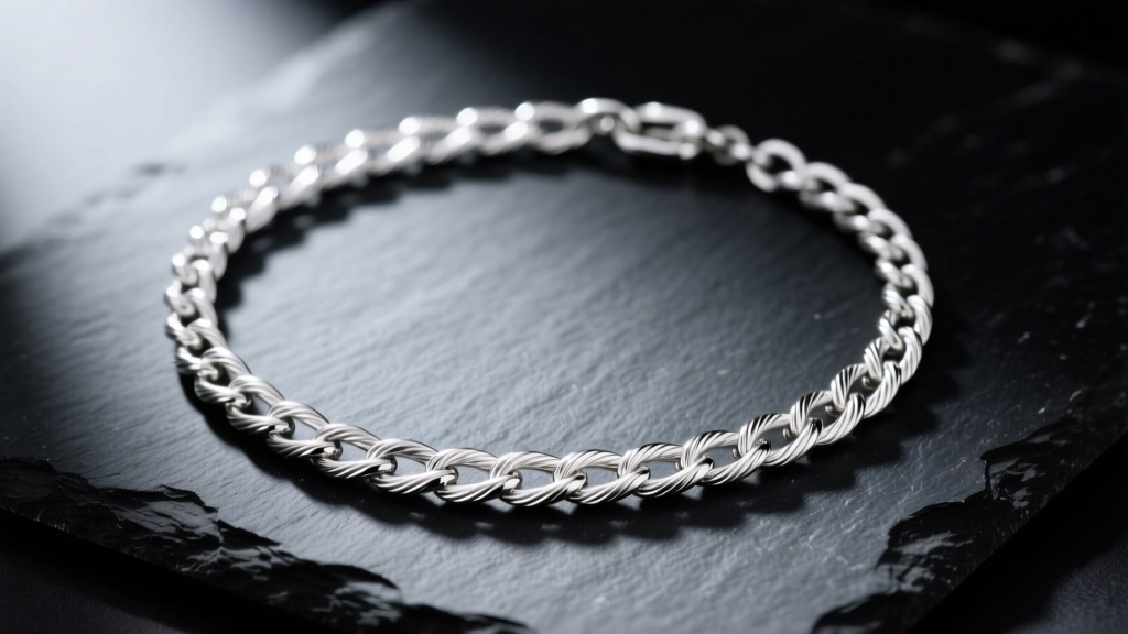 Overhead view of a palladium cable chain necklace on dark slate, showing its natural bright white luster without rhodium plating.