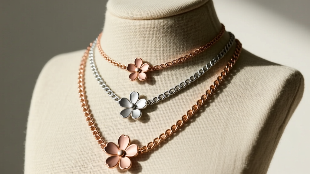 Three layered dainty flower necklaces in mixed metals, with 14-inch, 16-inch, and 18-inch box and cable chains on a linen bust.