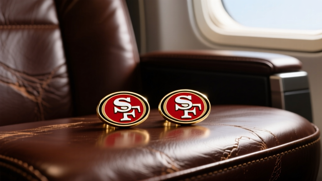 Flat lay of licensed scarlet red and metallic gold 49ers enamel stud earrings resting on a dark leather stadium seat background