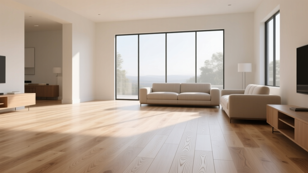 Wide plank white oak hardwood flooring installed in a sunlit modern living room with a matte finish and subtle wood grain variations