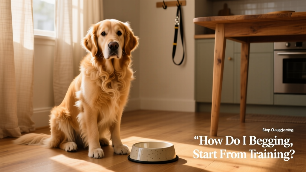 A dog sitting patiently beside an empty food bowl, waiting for a cue to eat