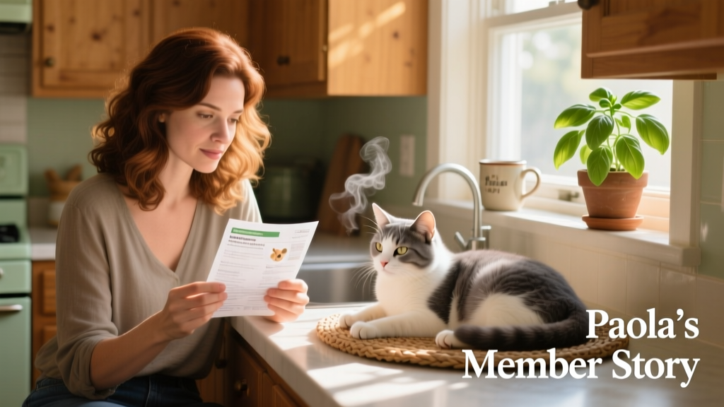 Paola reviewing pet medication instructions at a kitchen counter with a calm cat nearby