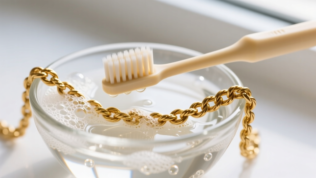 Soft-bristled baby toothbrush gently scrubbing a woven 18k gold Vicenza rope chain submerged in a small glass bowl of soapy water