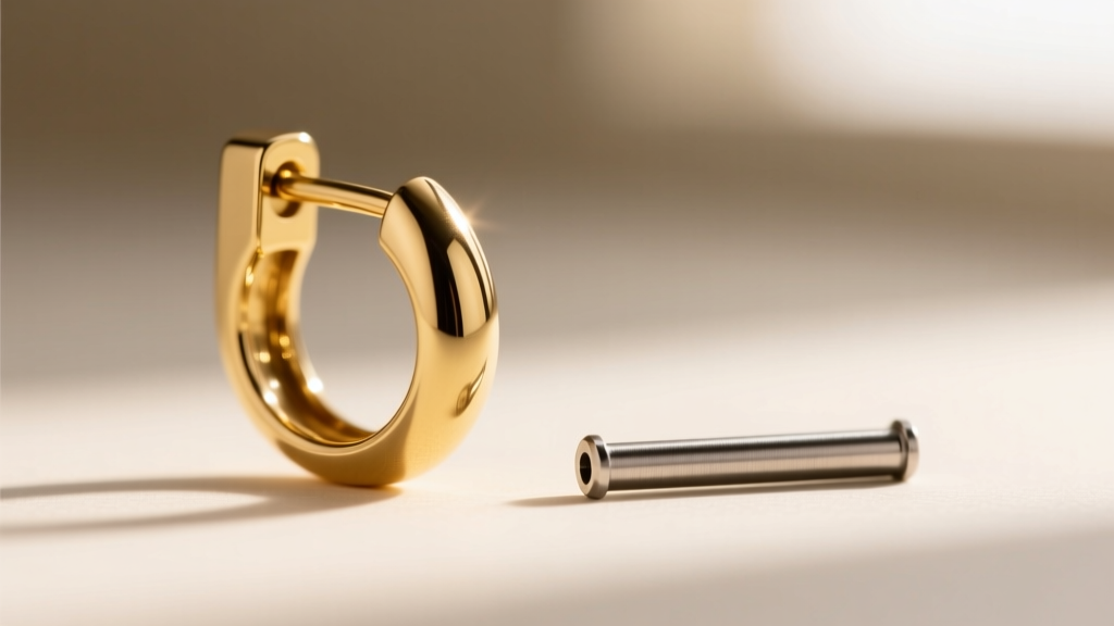 Macro view of a bent 20g gold earring post beside a straight 16g titanium post, highlighting thickness and structural differences.