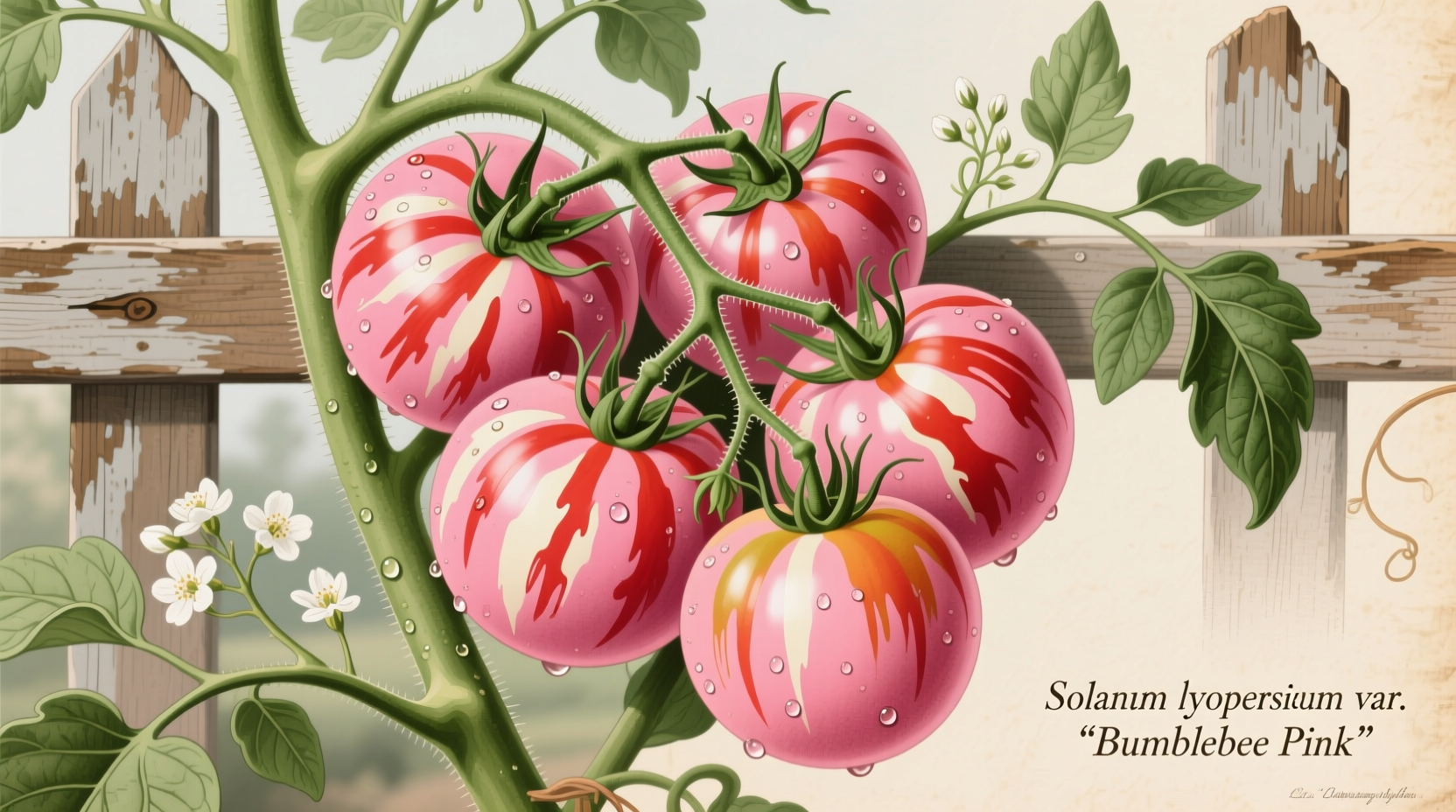 Pink bumblebee tomatoes on vine with distinctive stripes