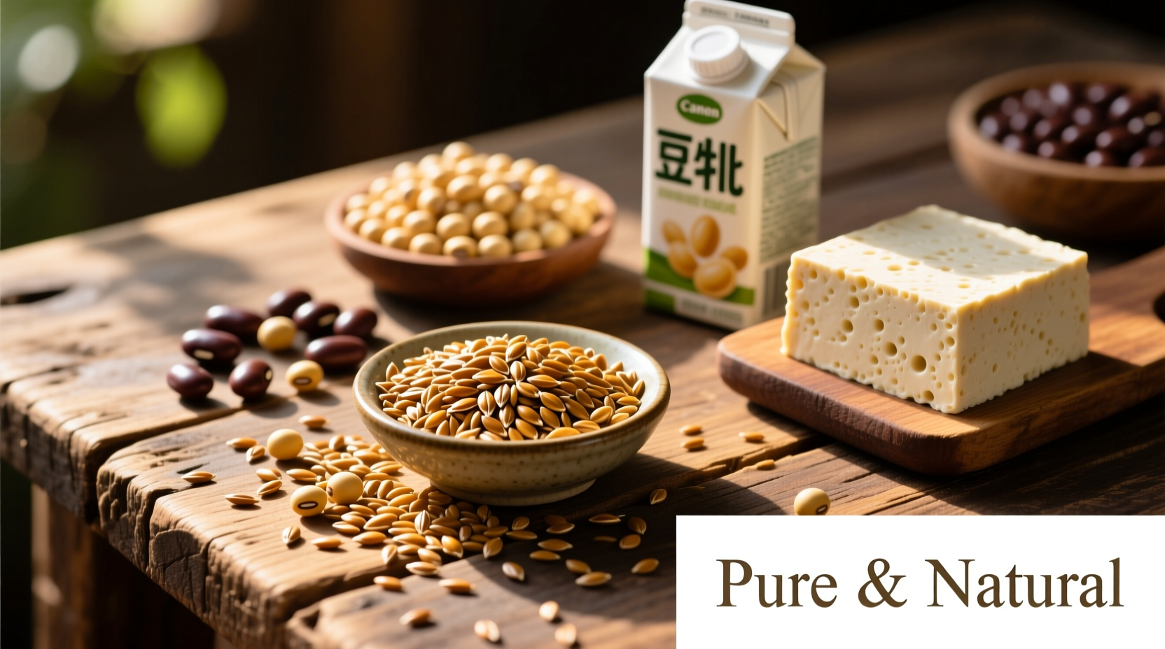Flaxseeds and soy products arranged on wooden table