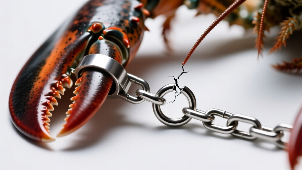 Close-up of a lobster claw clasp and unsoldered jump ring on a steel box chain, highlighting the gap where metal fatigue occurs.