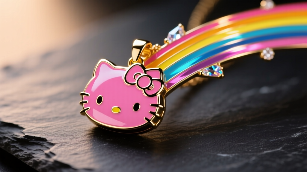Macro shot of a hard enamel nyan cat pendant with a bright rainbow trail on dark slate under soft, warm studio lighting.
