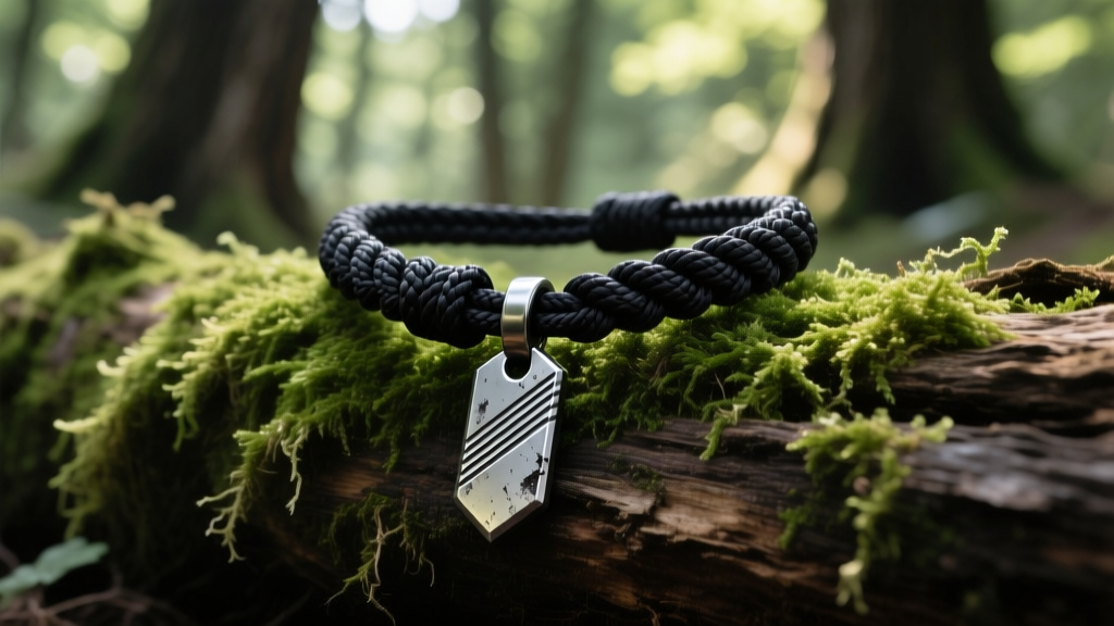 Rugged survival necklace with black paracord weave and a thick ferrocerium fire starter pendant resting on a mossy log.