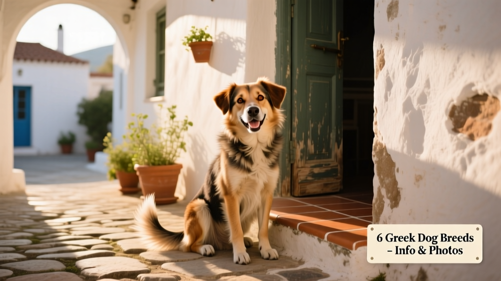 A friendly, medium-sized mixed-breed Greek village dog sitting beside a cobblestone doorway, tail wagging