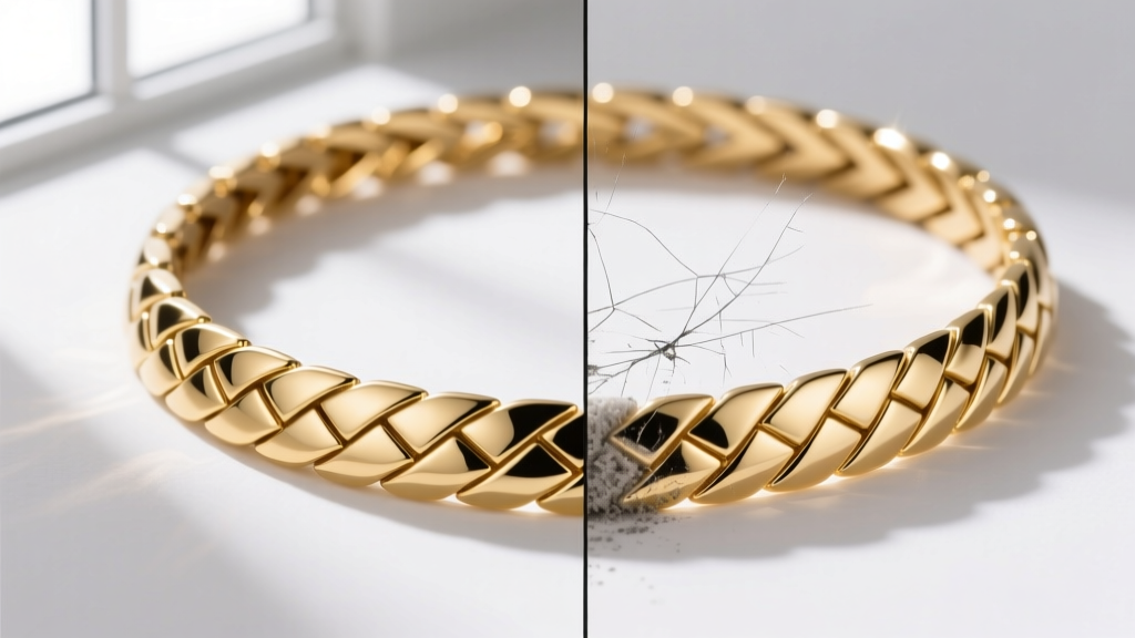 Macro view of a pristine gold PVD stainless steel herringbone necklace next to one showing micro-scratches from harsh abrasive cleaning