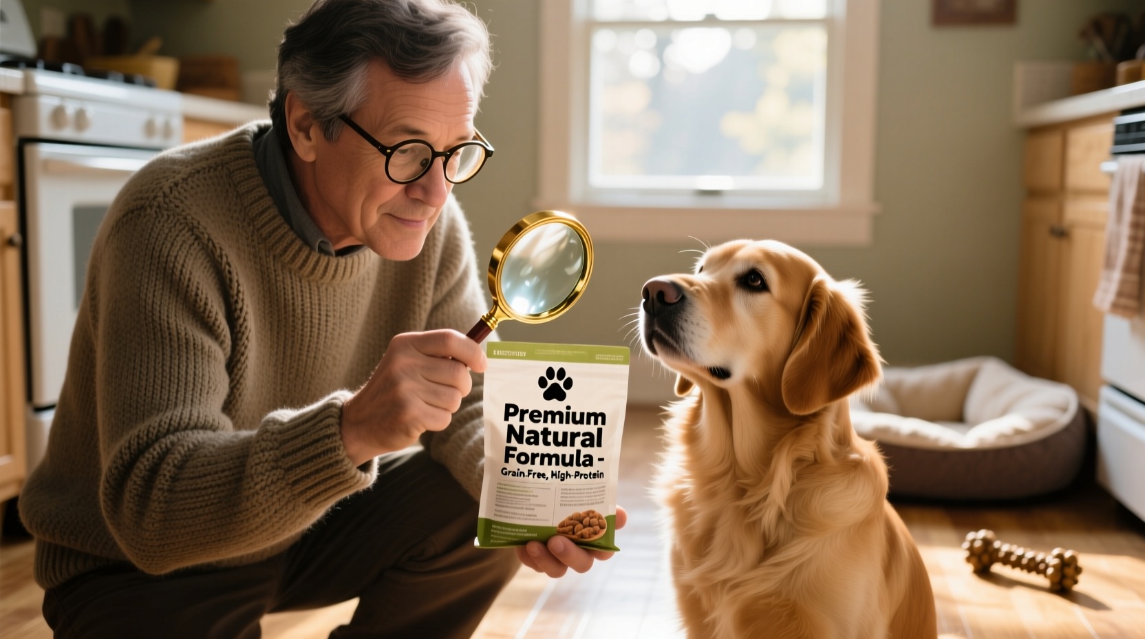 Dog owner reading dog food label with magnifying glass