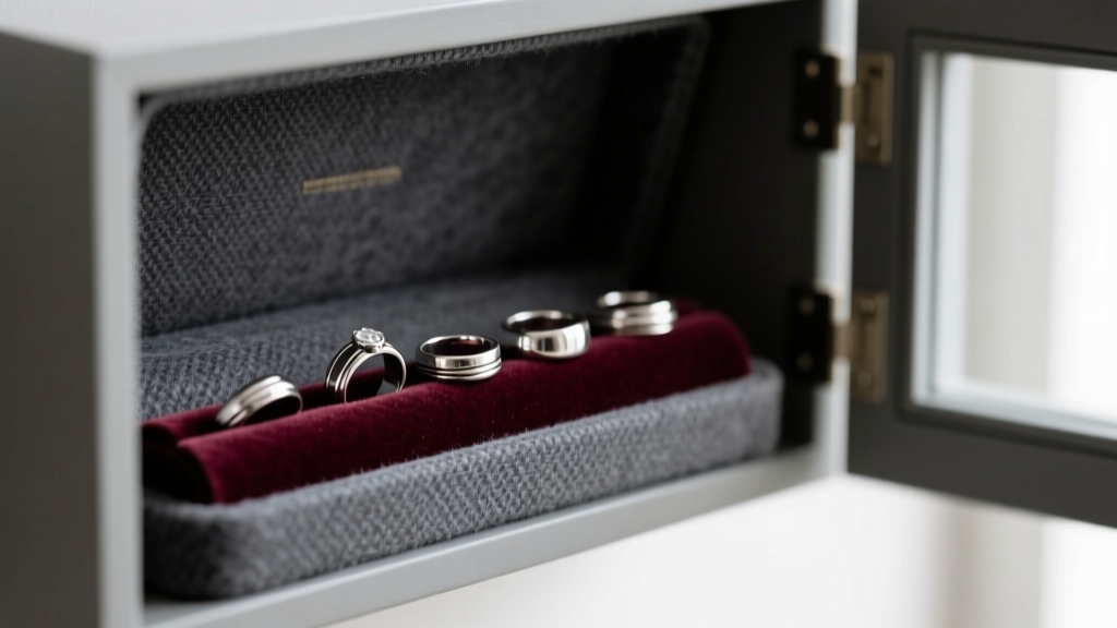 Close-up of dark grey anti-tarnish flannel lining inside a wall jewelry cabinet, with silver rings resting on a velvet roll.