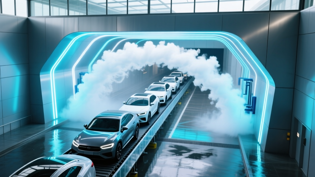 Aerial view of a modern express exterior car wash tunnel with bright LED lighting, stacked vehicles on a conveyor belt, and high-pressure foam arches