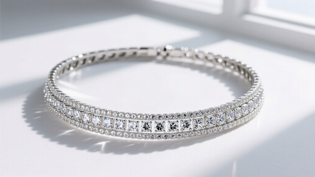 Luxury diamond choker necklace with pave stones on white gold, shot at a 45-degree angle to highlight bright gemstone reflections.
