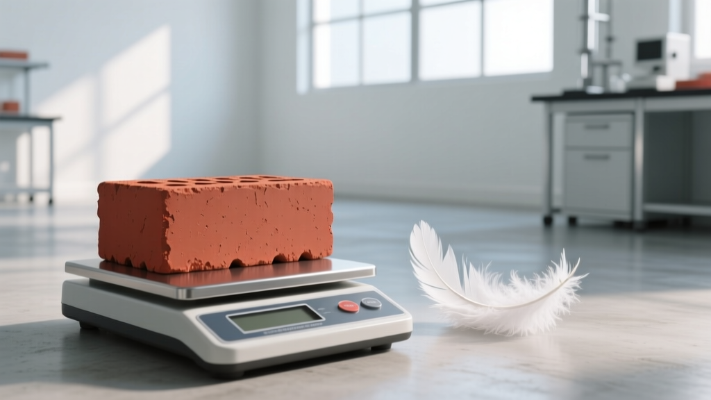 Close-up of a standard red clay modular brick resting on a digital scale next to a small pile of white down feathers in a bright construction lab