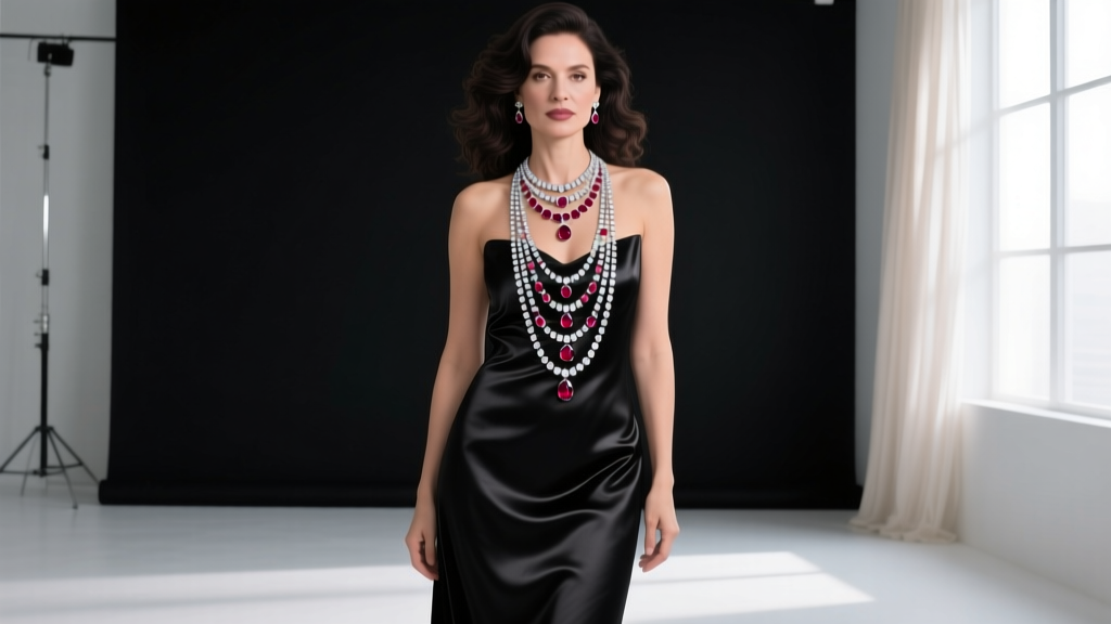Woman wearing layered ruby and diamond tennis necklaces against a black silk evening gown in a modern studio setting