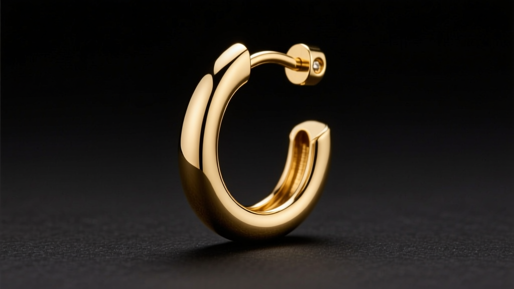 Macro shot of a 20-gauge 14k gold french back earring wire, highlighting the curved J-hook and notch under soft studio lighting.