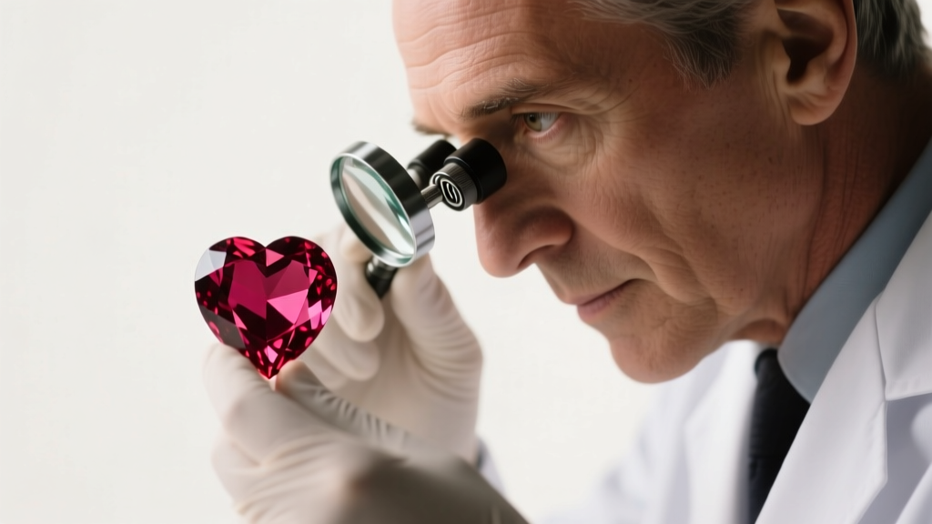 Gemologist inspecting a heart ruby with a 10x loupe to check for silk inclusions and heat treatments under bright studio light.