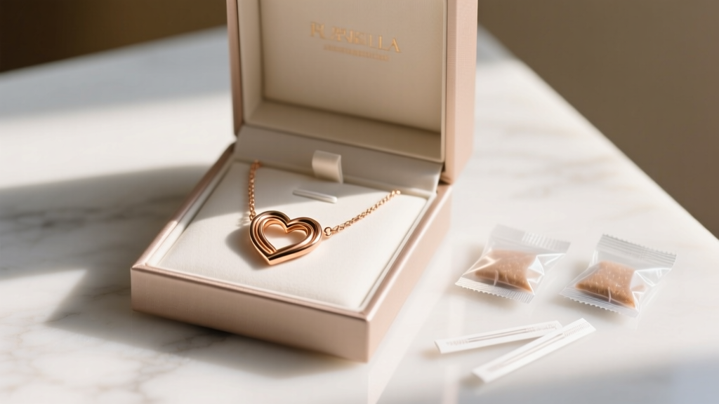 Jewelry box displaying a coiled rose gold choker heart necklace next to silica gel packets and treated anti-tarnish paper strips.