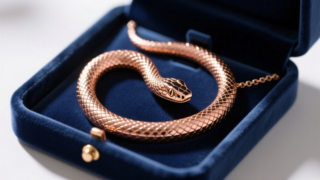 Coiled rose gold snake bead necklace stored inside a velvet-lined anti-tarnish jewelry box compartment, shot from a high angle.