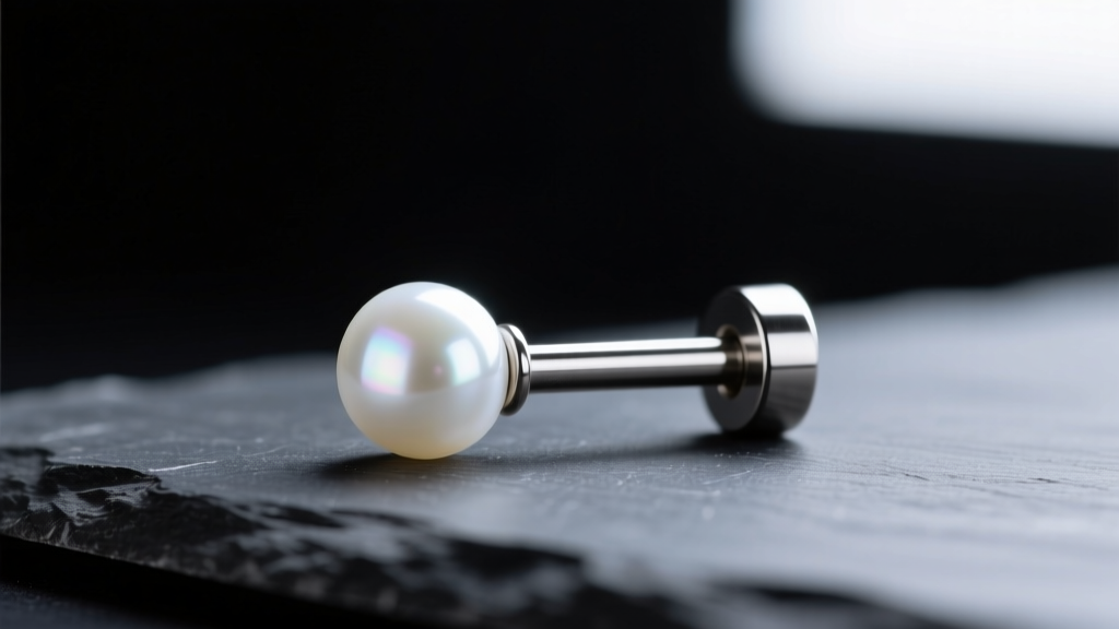 Macro shot of a threadless 16-gauge titanium labret post with a single white Akoya pearl end, resting on a dark slate surface.