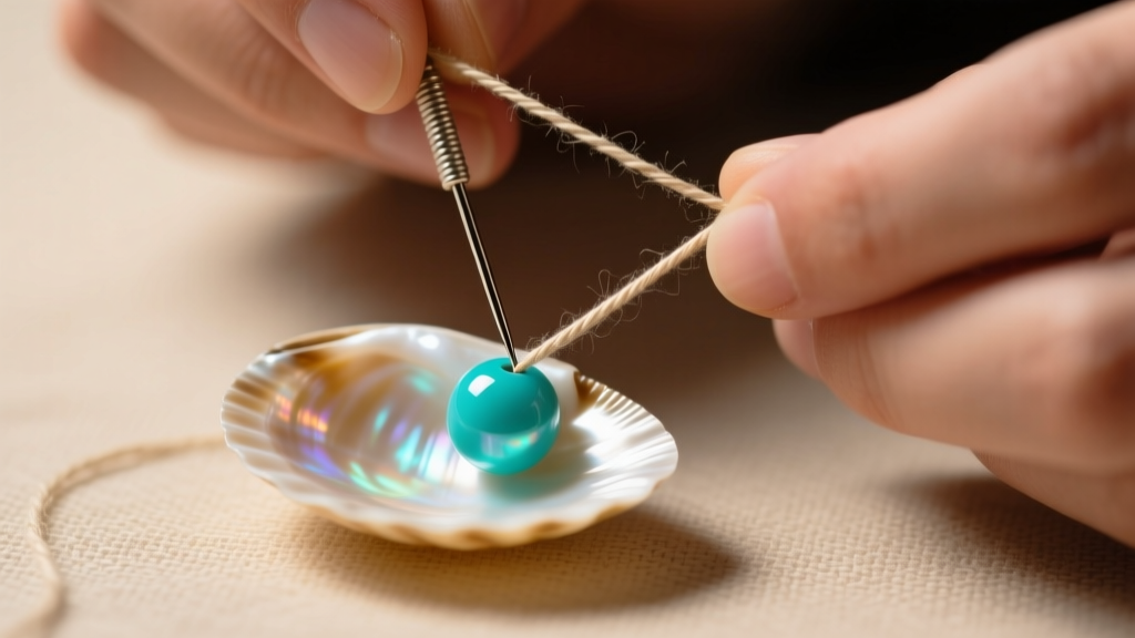 Hands threading waxed sinew through a hollow dentalium shell and a turquoise bead using a fine collapsible eye beading needle.