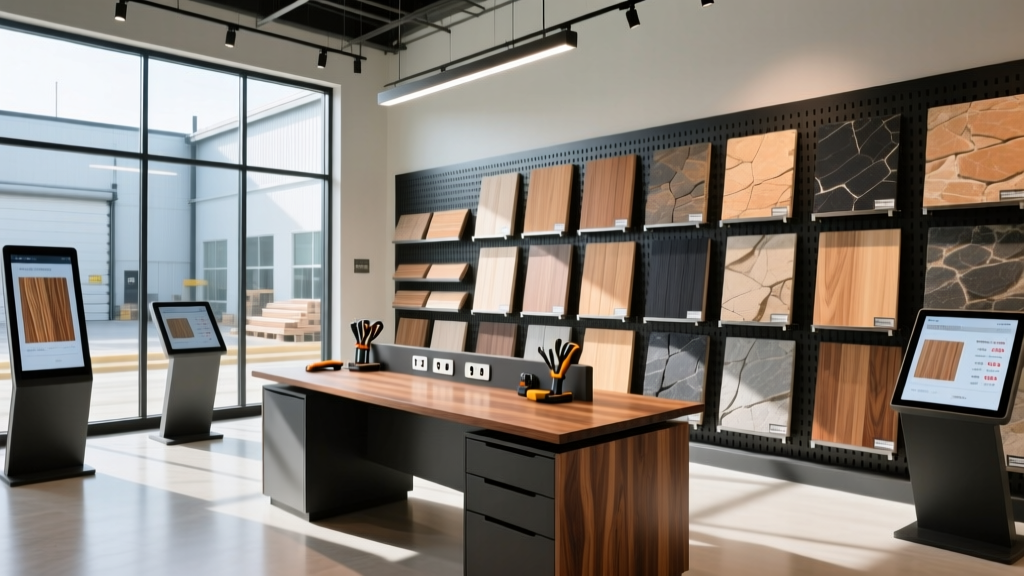 Modern lumber yard showroom with interactive digital kiosks, heavy-duty slatwall stone veneer samples, and a well-lit pro contractor desk