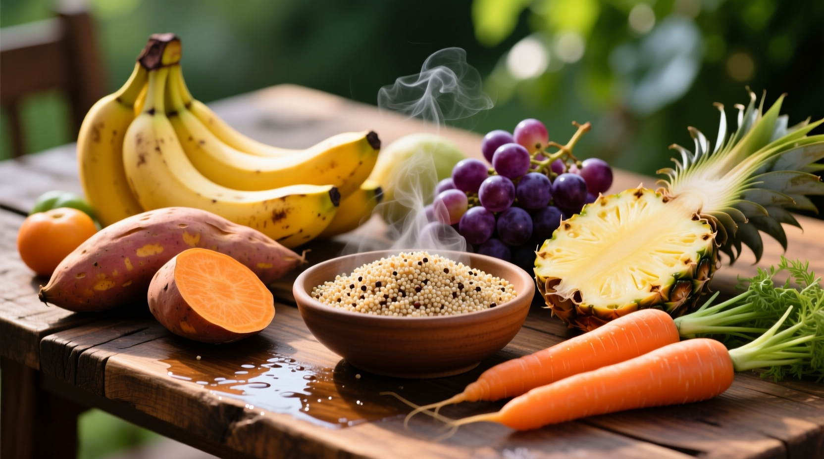 Colorful assortment of high-carbohydrate whole foods