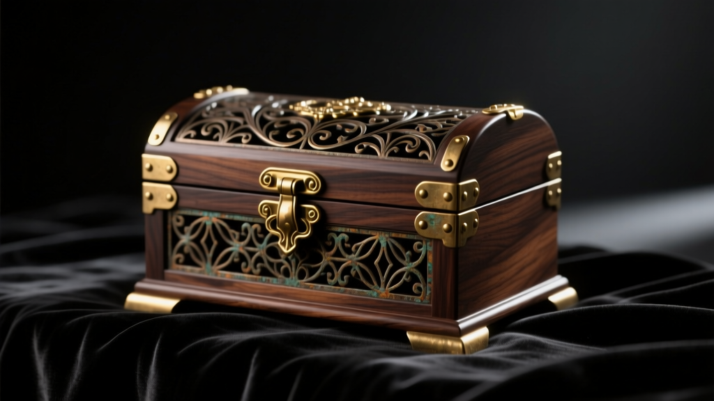 Dark walnut gothic jewelry box with ornate brass hinges on black velvet, lit by moody dim lighting and dramatic shadows