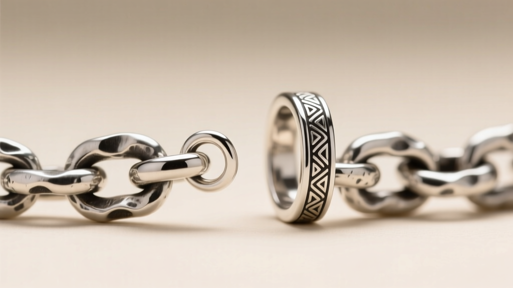 Macro shot of a 20-gauge sterling silver ear cuff clasp connecting to a heavy Vietnamese artisan chain under soft studio lighting.