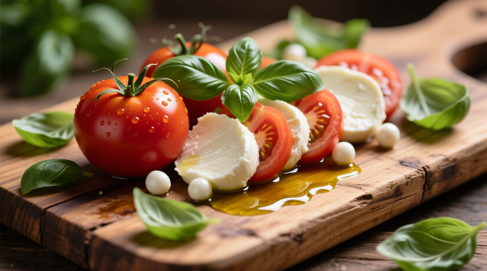 Fresh tomato mozzarella basil arrangement on wooden board