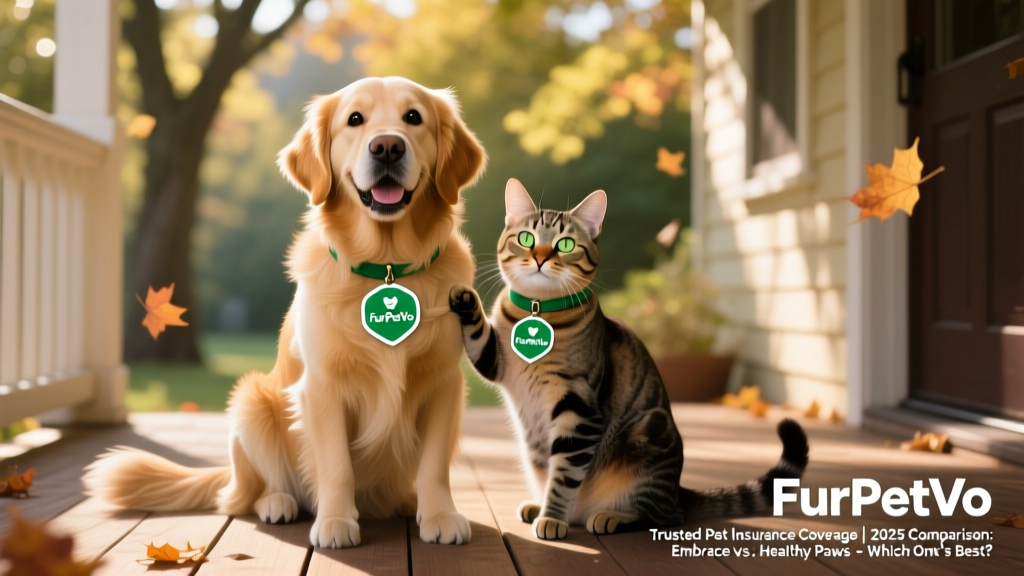 Friendly illustration of a dog and cat with a FurPetVo logo badge, symbolizing trusted pet insurance coverage