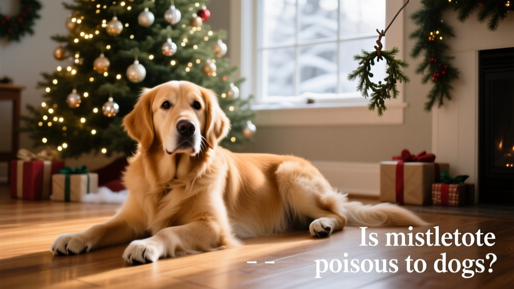 A Golden Retriever lying on the floor with a sparkling Christmas tree in the background