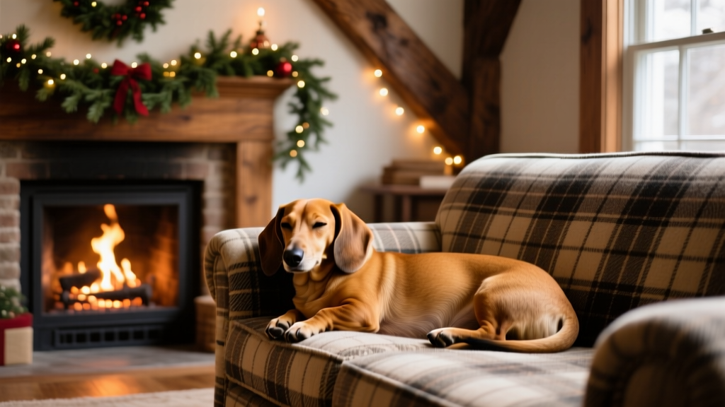 Dachshund napping peacefully on a plaid sofa in front of a softly lit fireplace and festive garlands