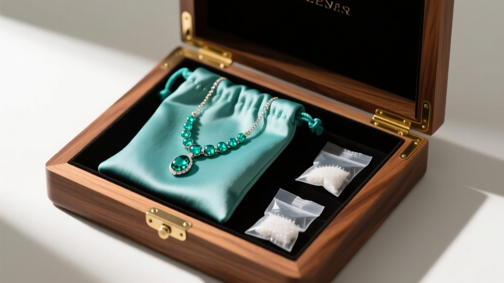 Anti-tarnish cloth pouch holding a turquoise necklace, stored in a cedar-lined wooden jewelry box next to silica gel packets.